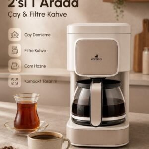 Karaca ماكينة تحضير القهوة والشاي الكهربائية 2 في 1، متعددة الاستخدامات، متوافقة مع خاصية منع التقطير